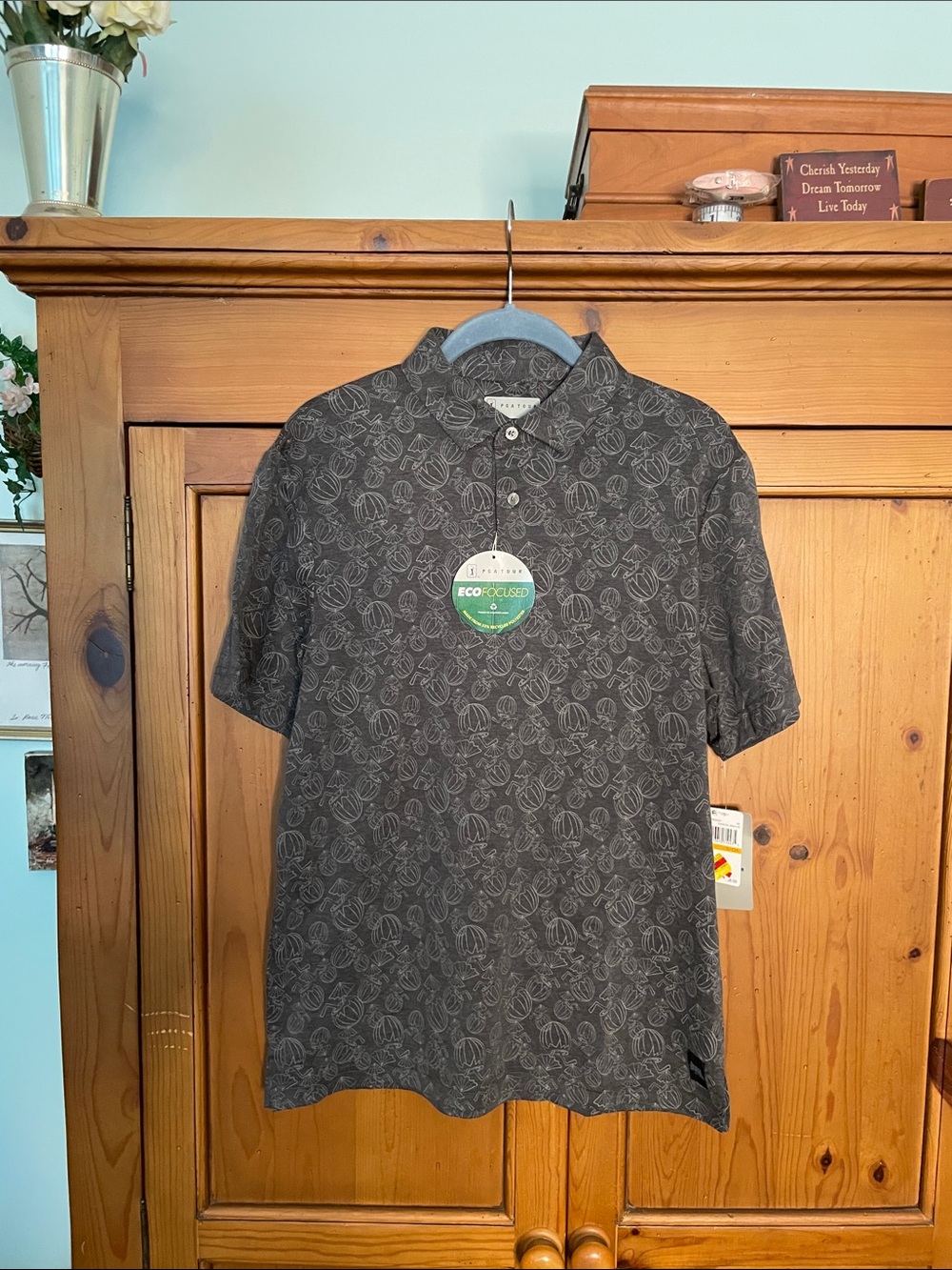 PGA Tour Charcoal Gray Short Sleeve Polo with Subtle Pattern